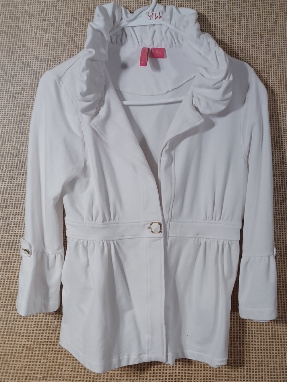 Charlotte Tarantola White Ruffled Collar Buckle-Waist Jacket